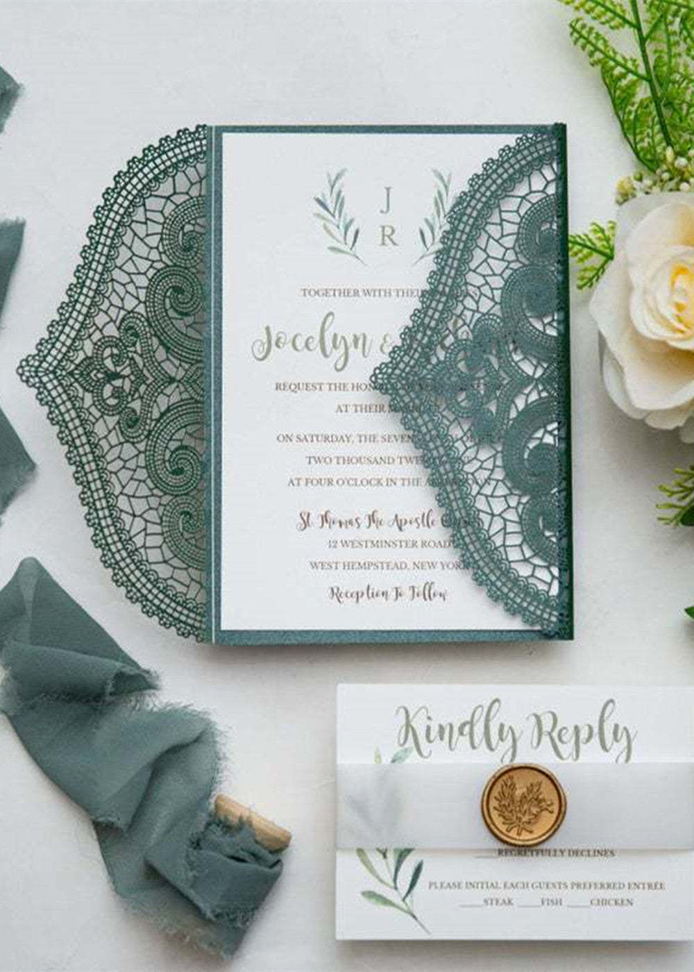 10 PCS Green Laser Cut Wedding Invitations