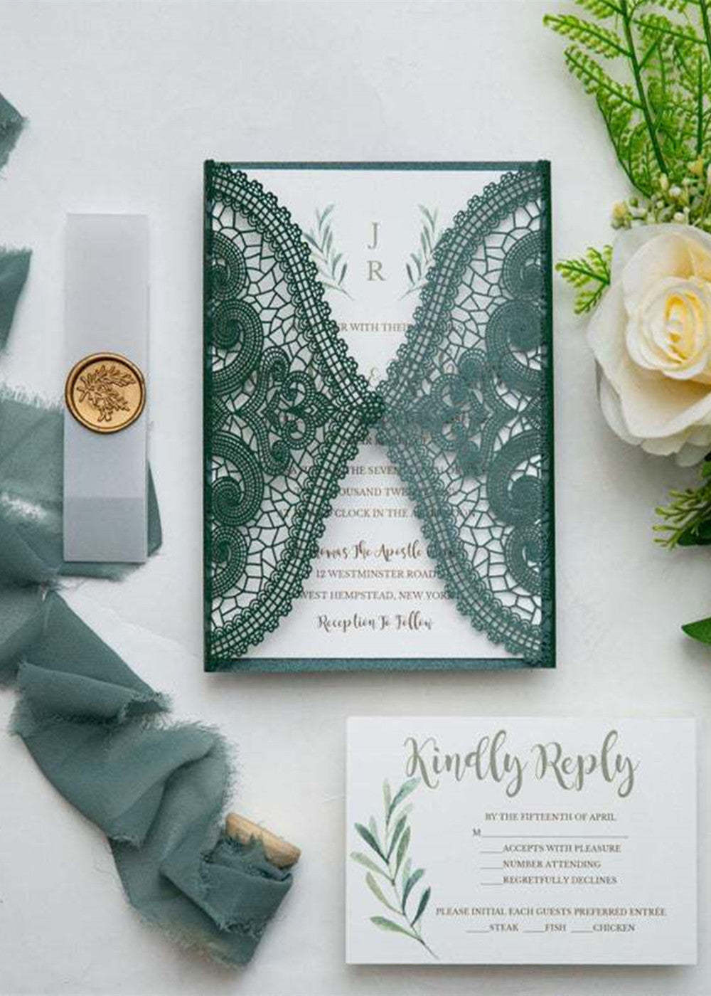 10 PCS Green Laser Cut Wedding Invitations