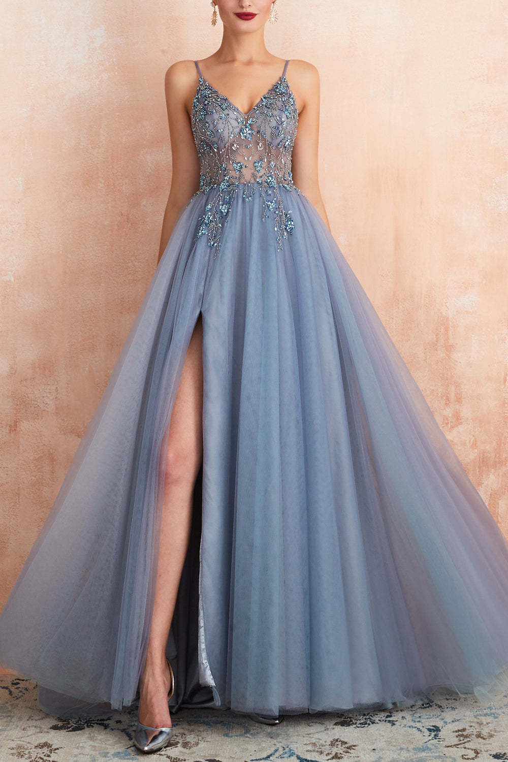 Leely Women Grey Blue Prom Dress A-Line V-Neck Grey Blue Slit Tulle Formal Evening Dresses
