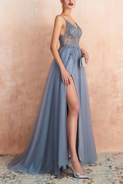 Spaghetti Straps Blue Long Prom Dress With Slit