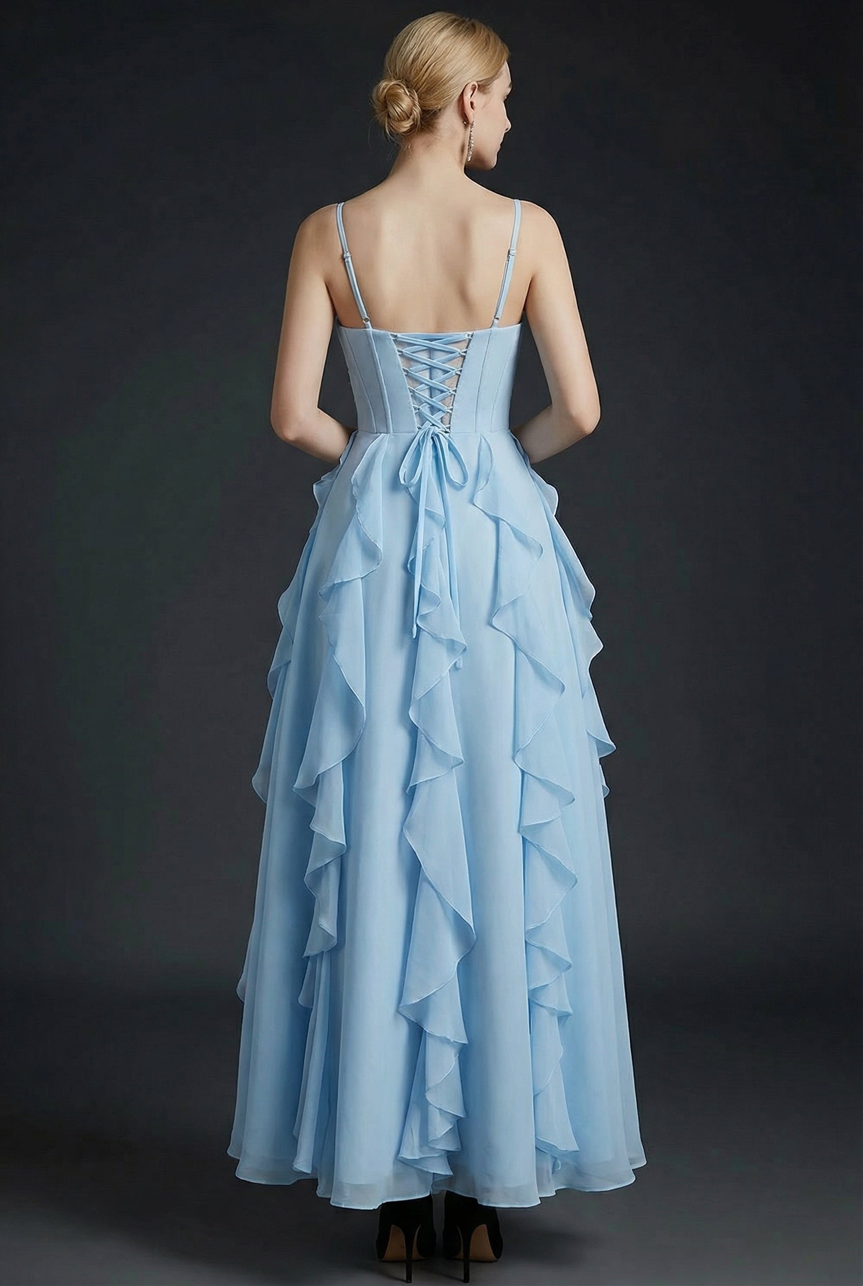 Sky Blue A Line Corset Ruffled Long Bridesmaid Dress