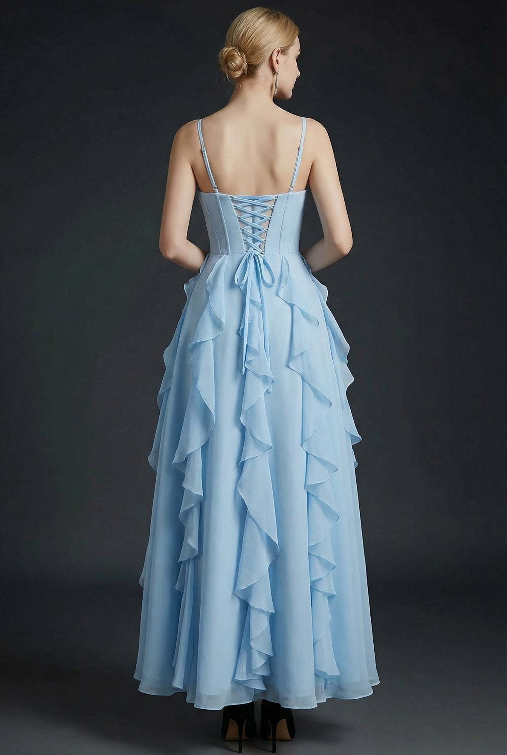 Sky Blue A Line Corset Ruffled Long Bridesmaid Dress