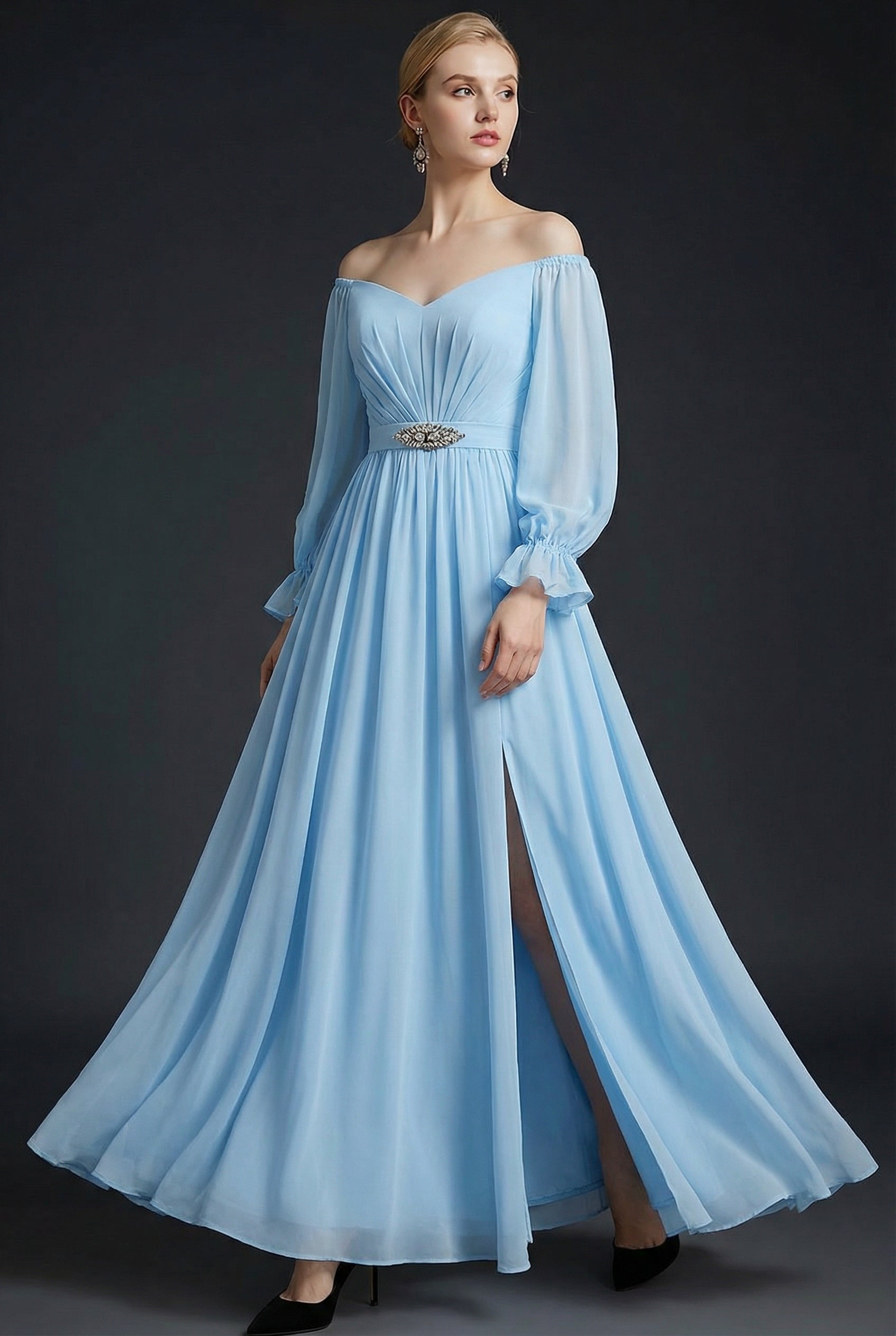 Sky Blue A Line Sweetheart Maxi Bridesmaid Dress with Bow