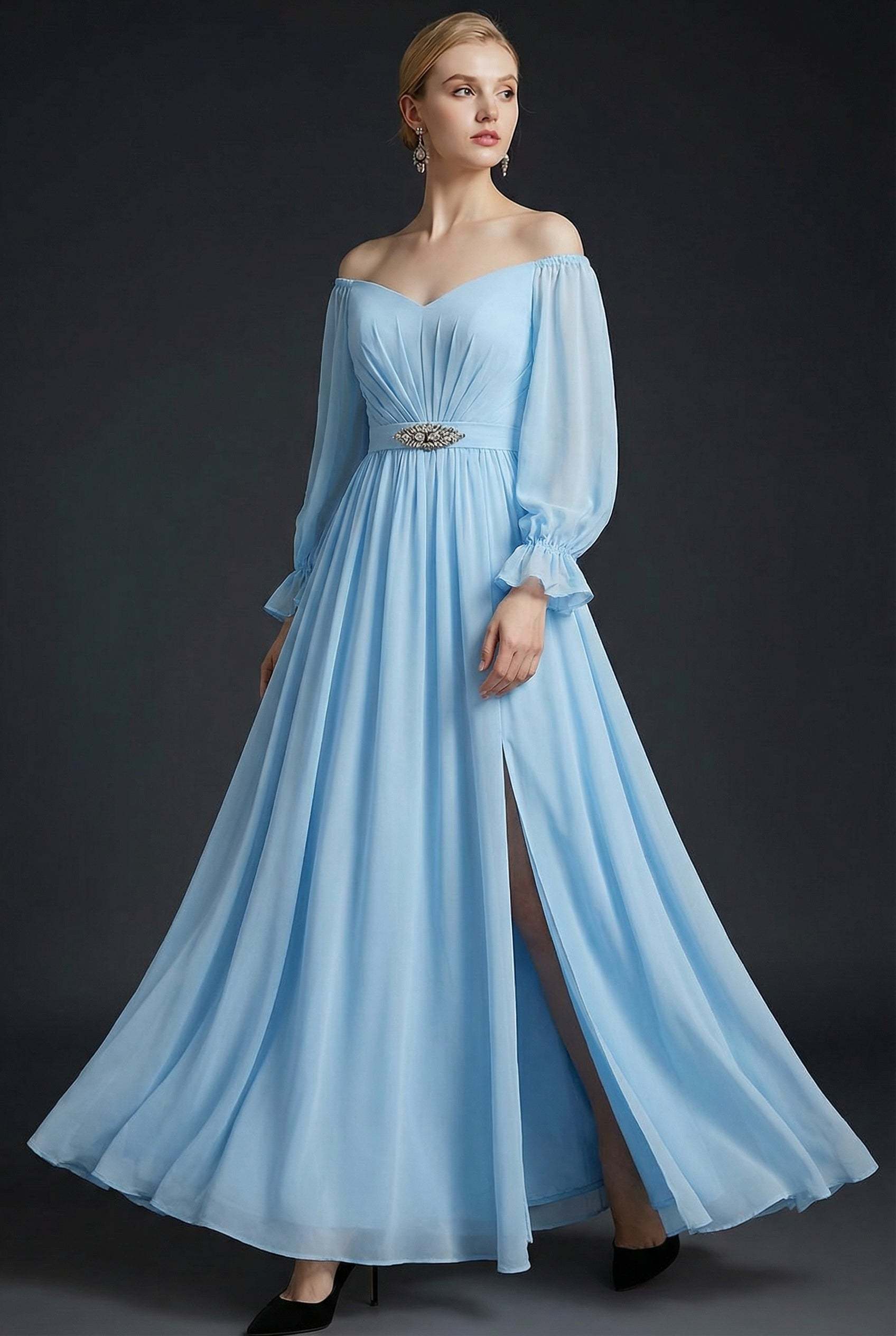 Leely Women Sky Blue A Line Maxi Bridesmaid Dress with Bow Ruched Sweetheart Lace Up Back Wedding Guest Dress
