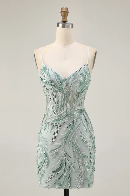 Green Corset Tight Short Sparkly Beaded Homecoming Dress with Sequins