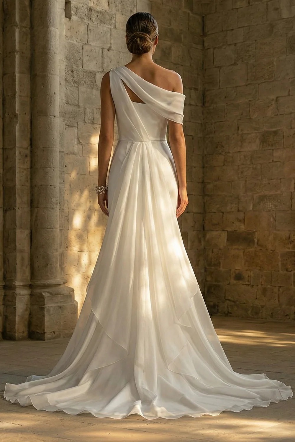 Satin White Sheath Ruffled One Shoulder Ruched Long Wedding Dress with Cape