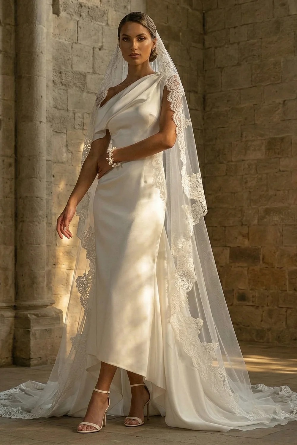 Satin White Sheath Ruffled One Shoulder Ruched Long Wedding Dress with Cape