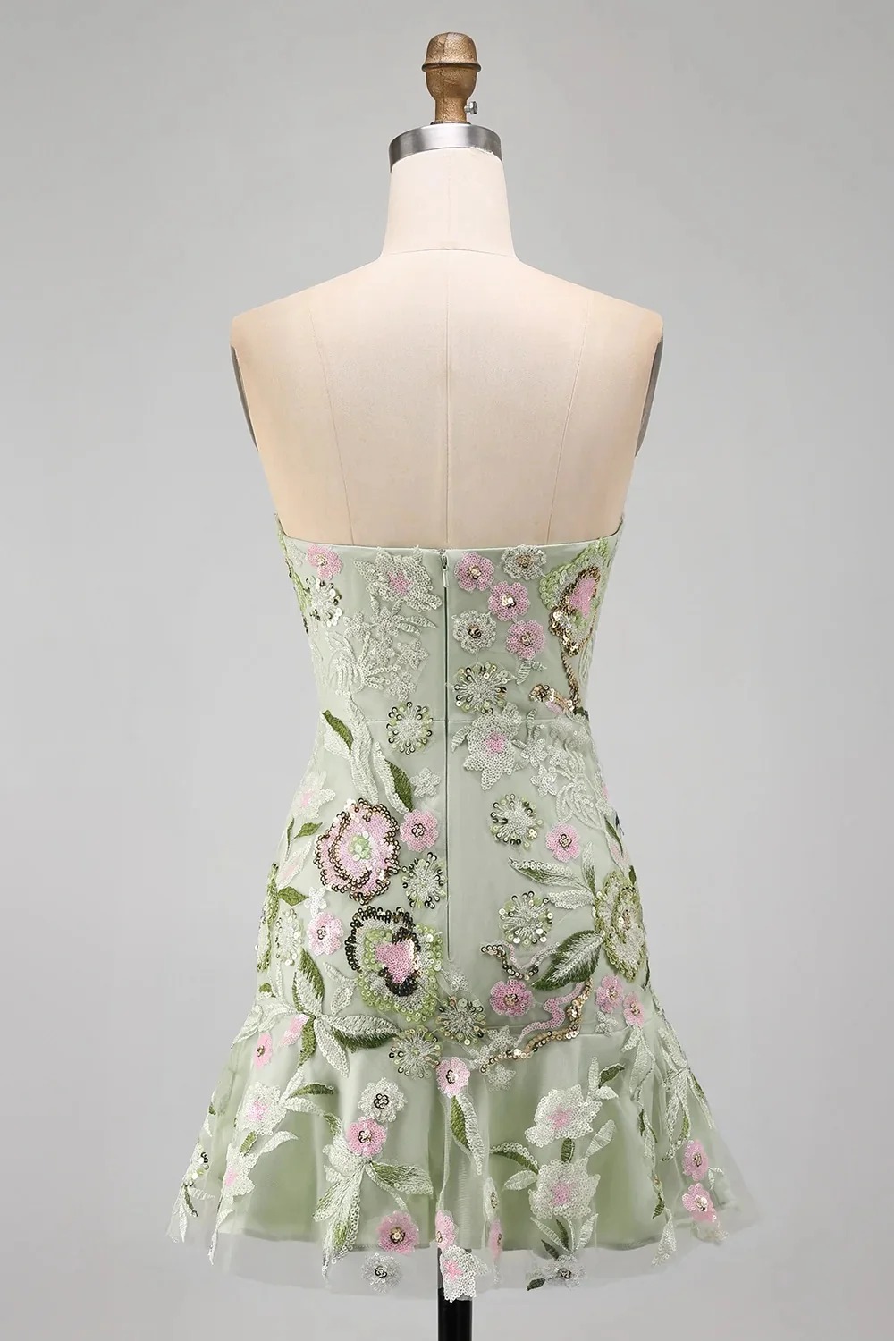 Sage Green Floral A Line Strapless Short Homecoming Dress