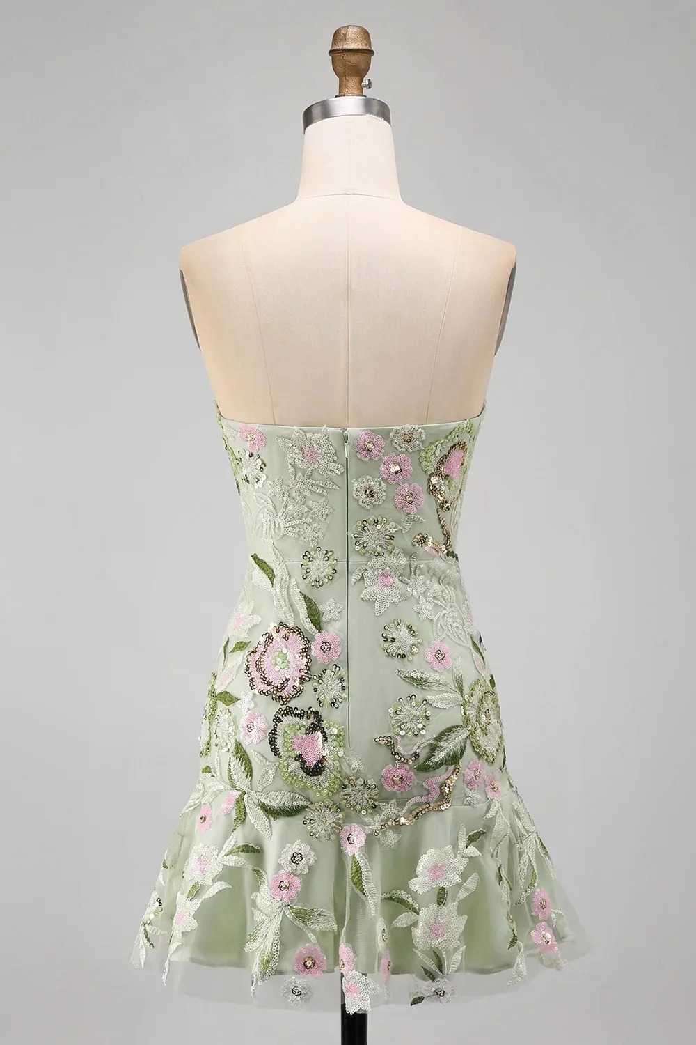 Sage Green Floral A Line Strapless Short Homecoming Dress