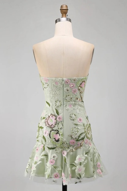 Sage Green Floral A Line Strapless Short Homecoming Dress