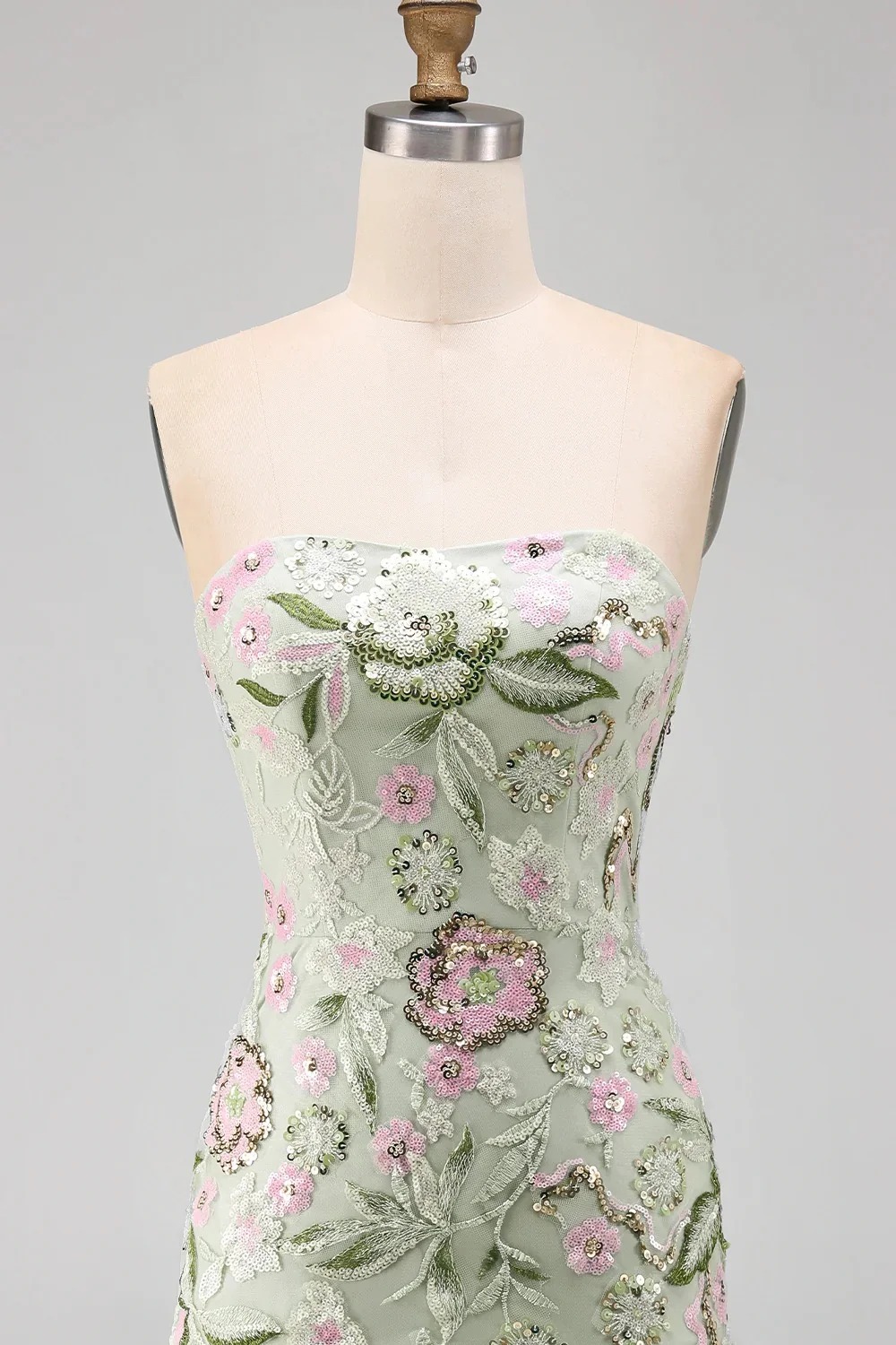 Sage Green Floral A Line Strapless Short Homecoming Dress