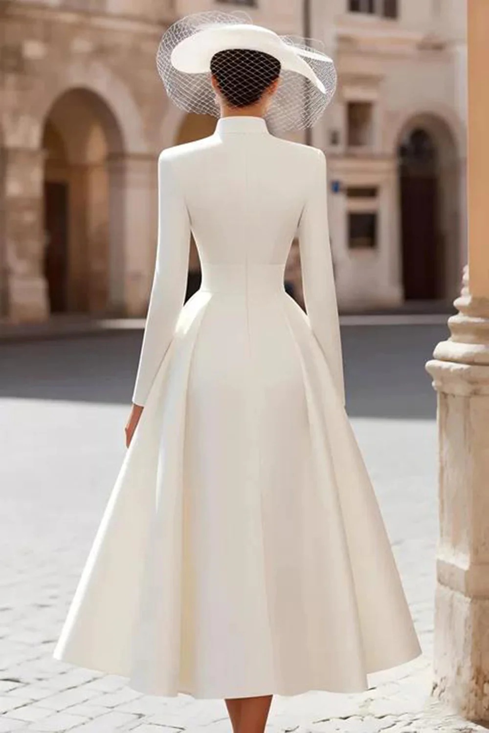 Vintage Ivory High Neck Keyhole A Line Long Wedding Dress with Sleeves