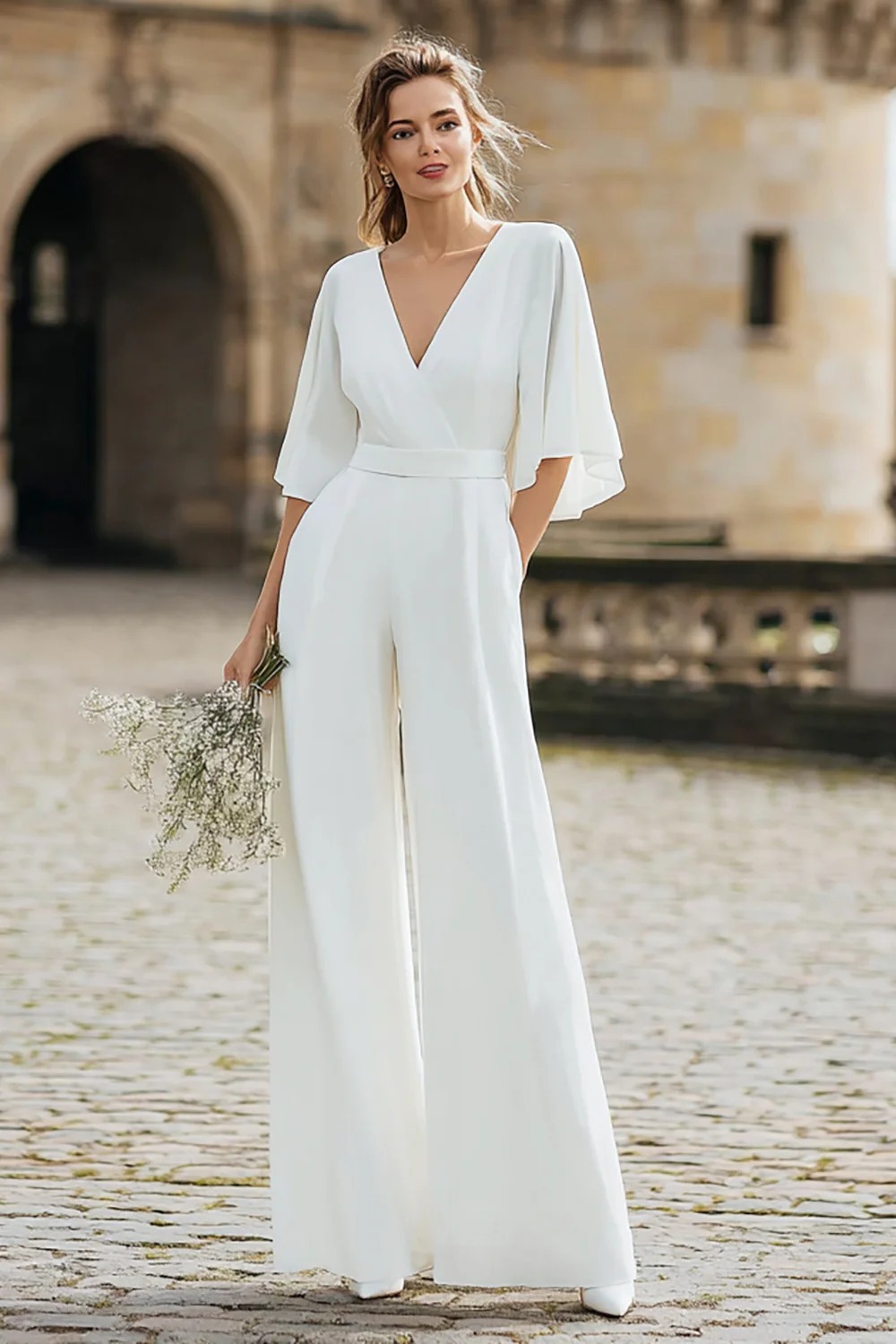 Ivory V-Neck Half Sleeves Wedding Jumpsuits with Pockets