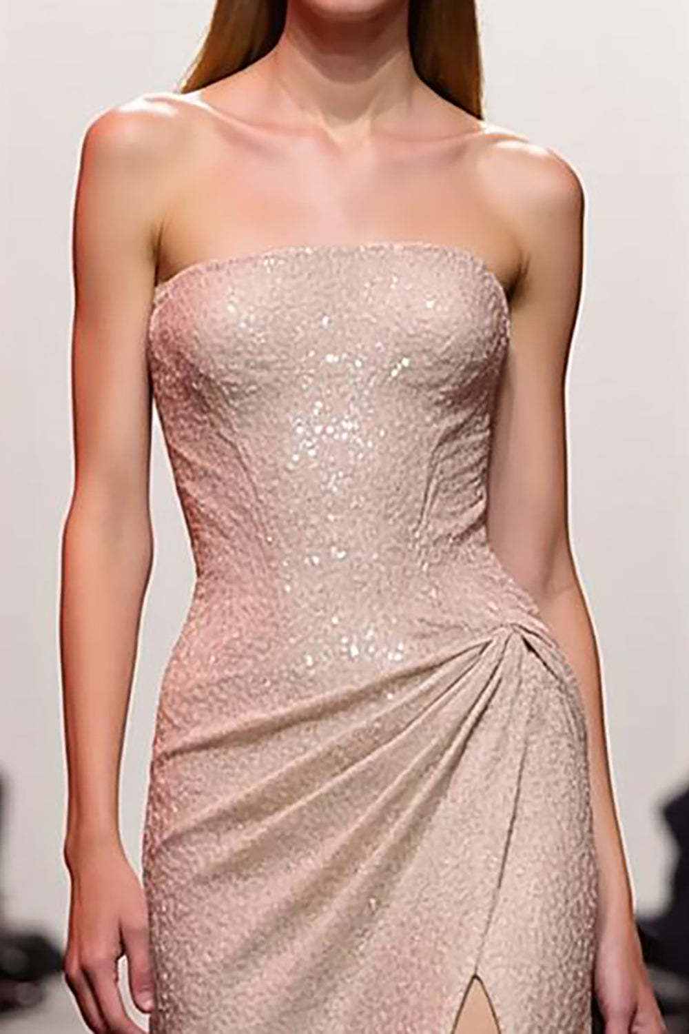 Champagne Sheath Sparkly Sequined Maxi Evening Dress with Slit