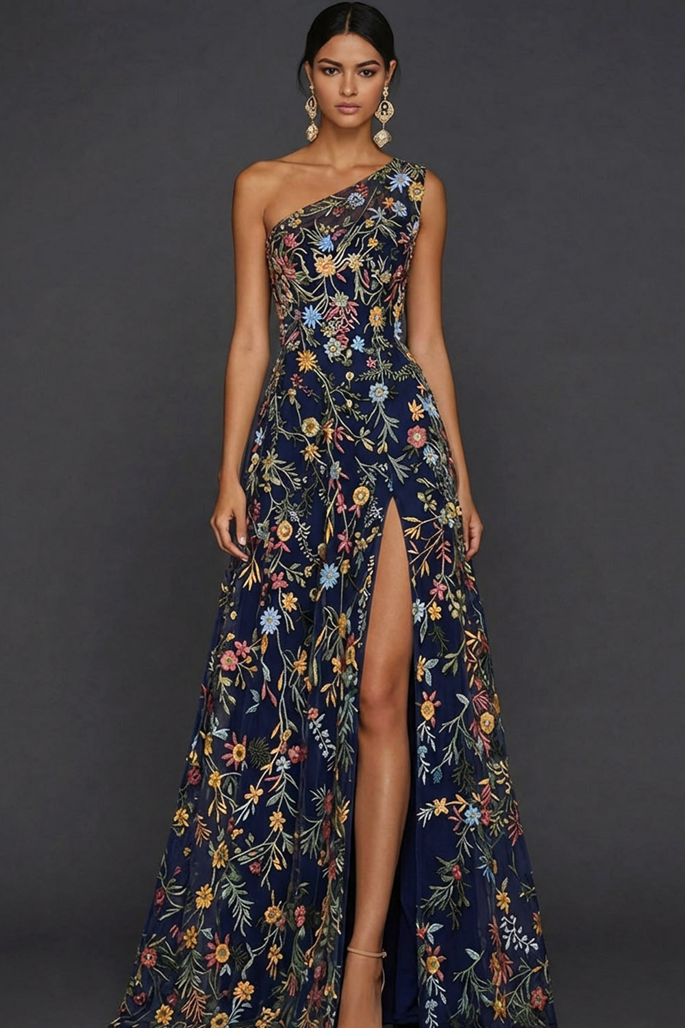 Floral Mauve One Shoulder A Line Long Prom Dress with Slit