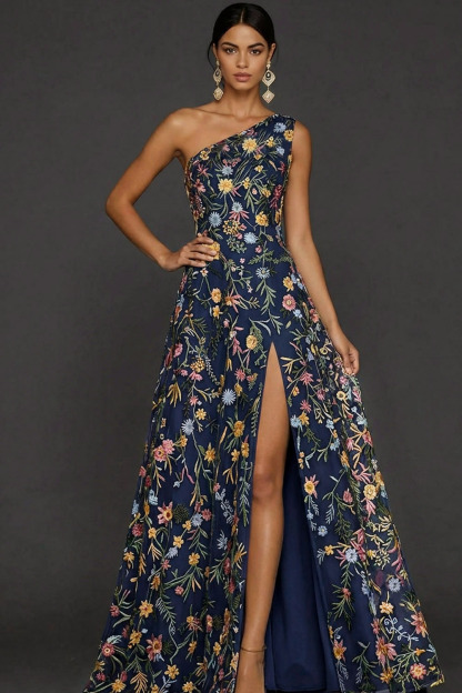 Floral Mauve One Shoulder A Line Long Prom Dress with Slit