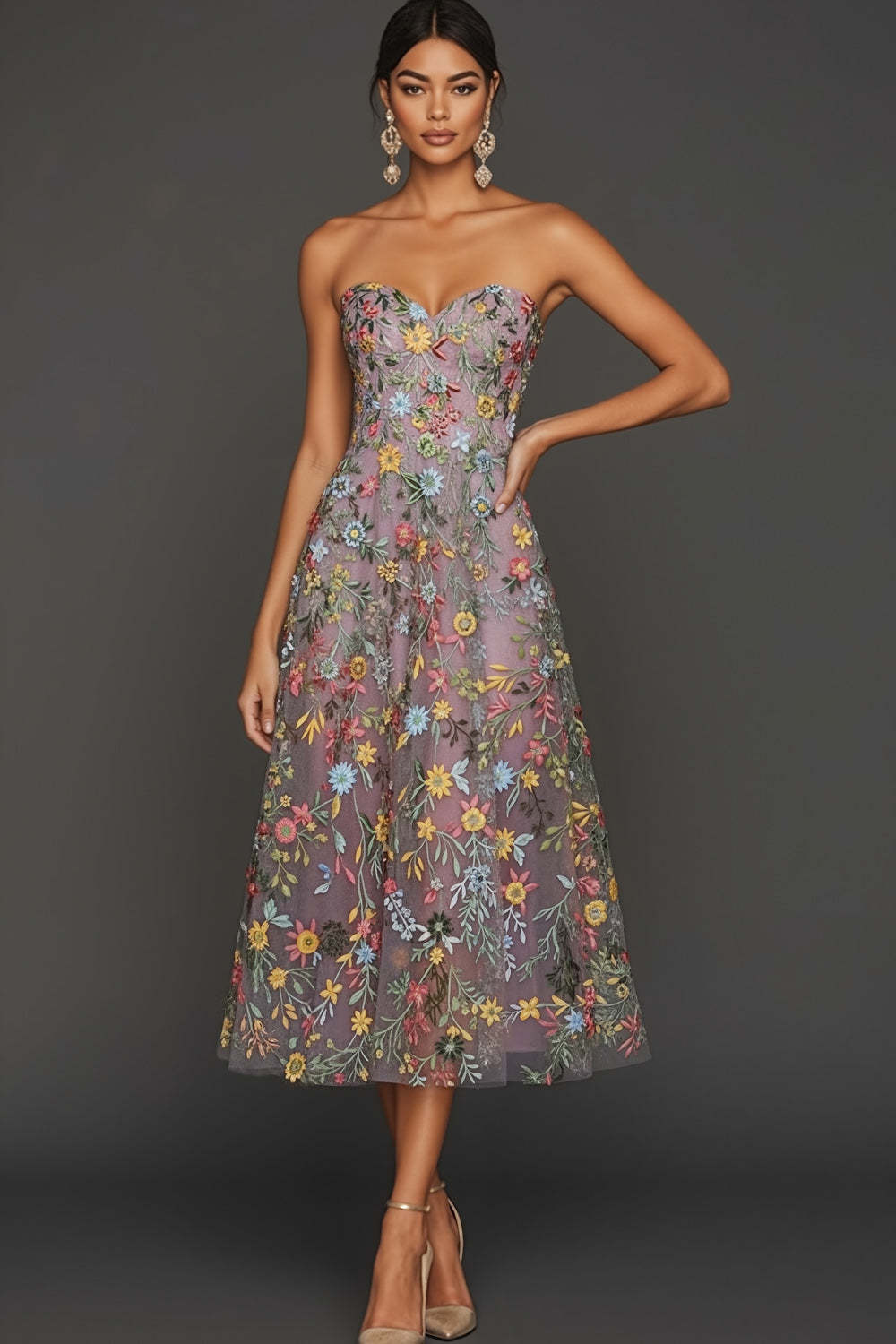 Plus Size Floral Mauve A Line Sweetheart Midi Embroidered Prom Dress