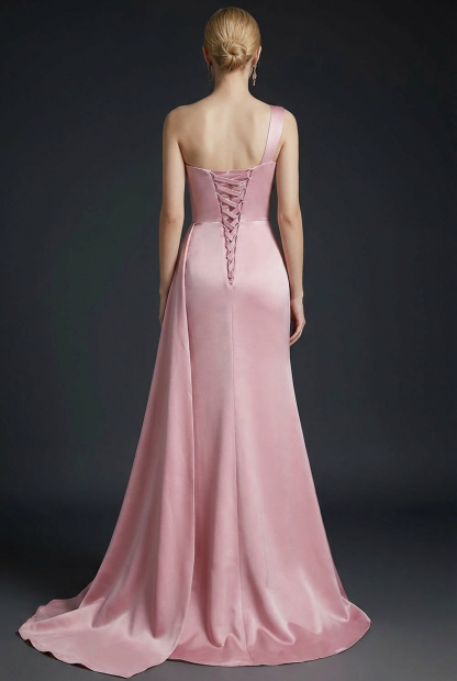 Blush Pink One Shoulder Mermaid Satin Maxi Bridesmaid Dress
