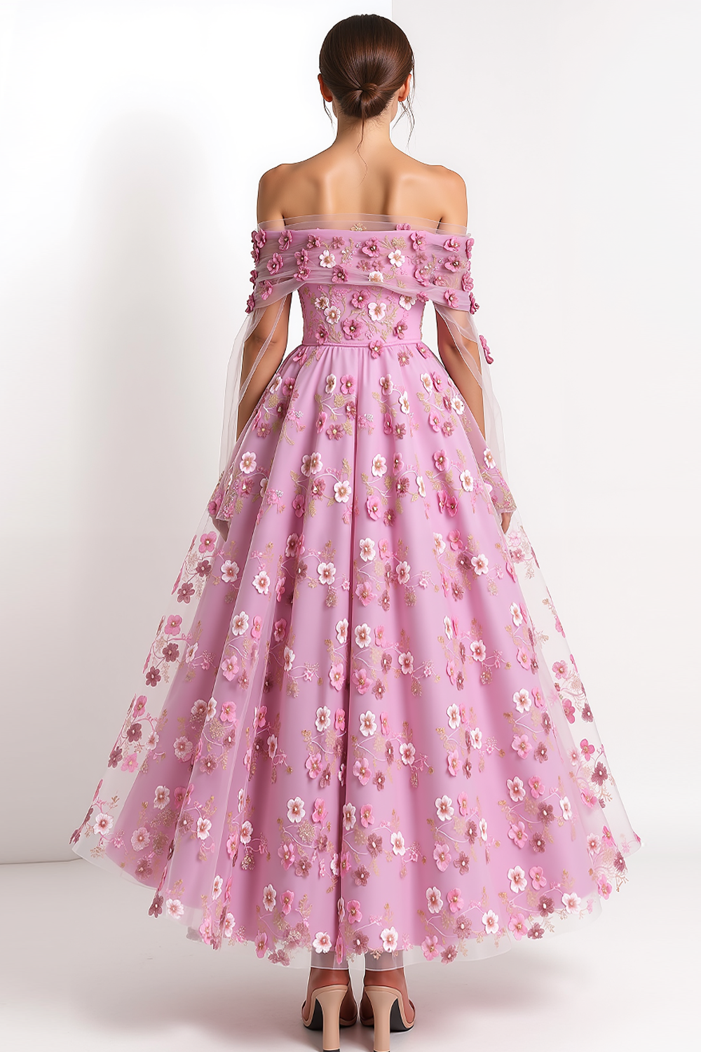 Pink Floral A Line Maxi Prom Dress with Applique