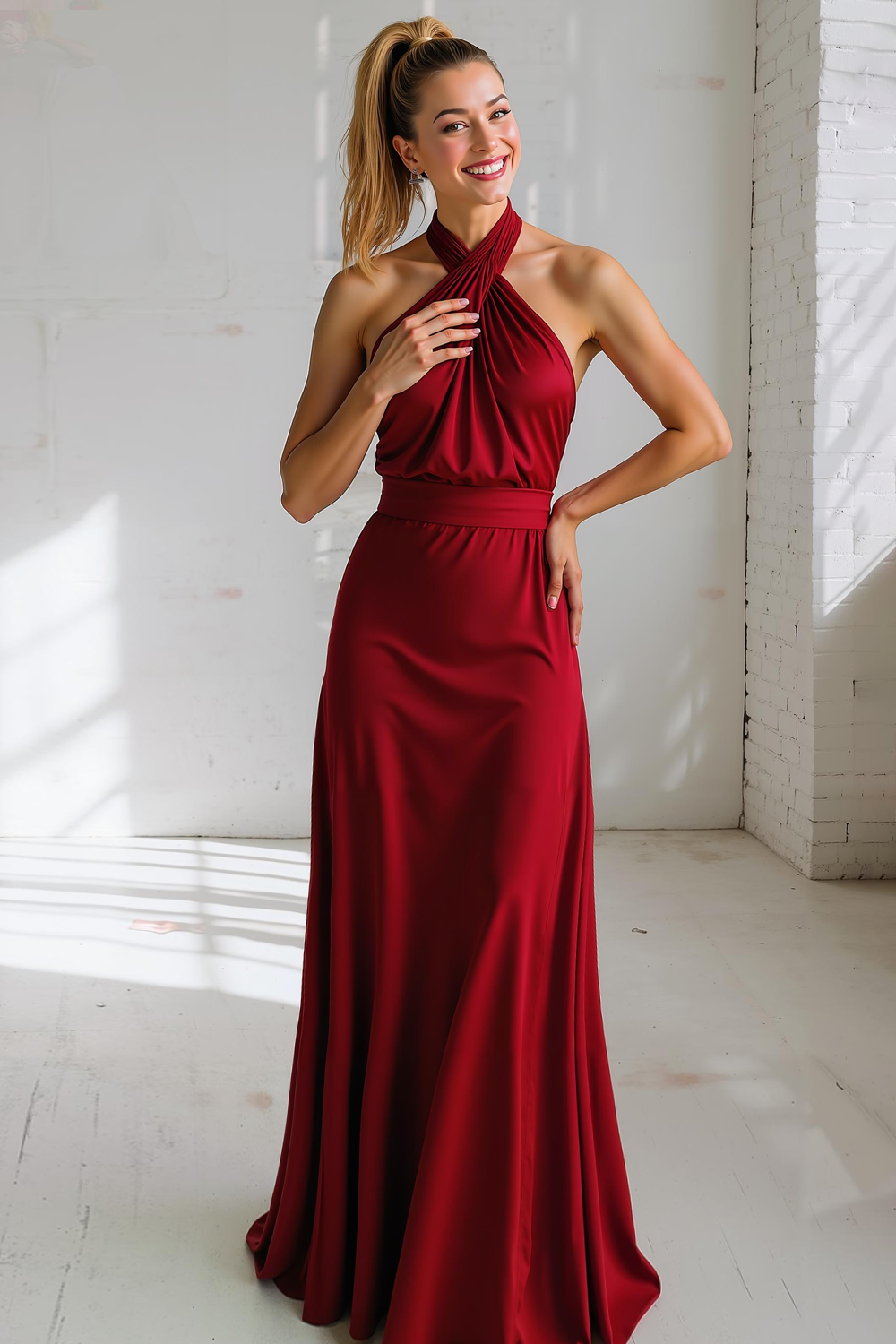 Champagne Satin Criss Cross Halter Maxi Bridesmaid Dress