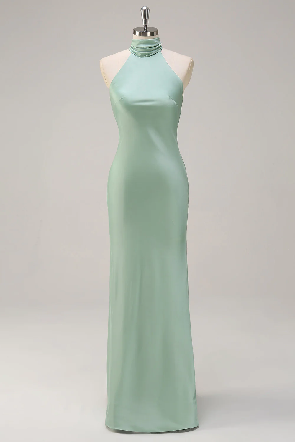 Halter Neck Satin Sheath Open Back Long Bridesmaid Dress