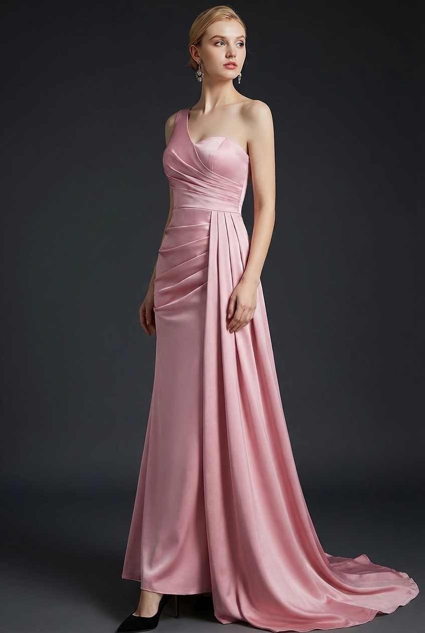Leely Women Blush Pink One Shoulder Mermaid Maxi Bridesmaid Dress with Side Cape Ruched Backless Satin Wedding Guest Dress