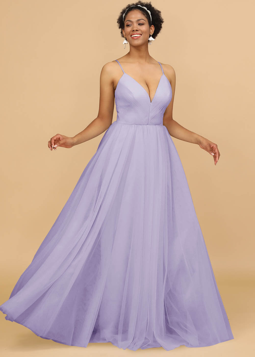 Deep V-neck Strap Tulle Bridesmaid Dress