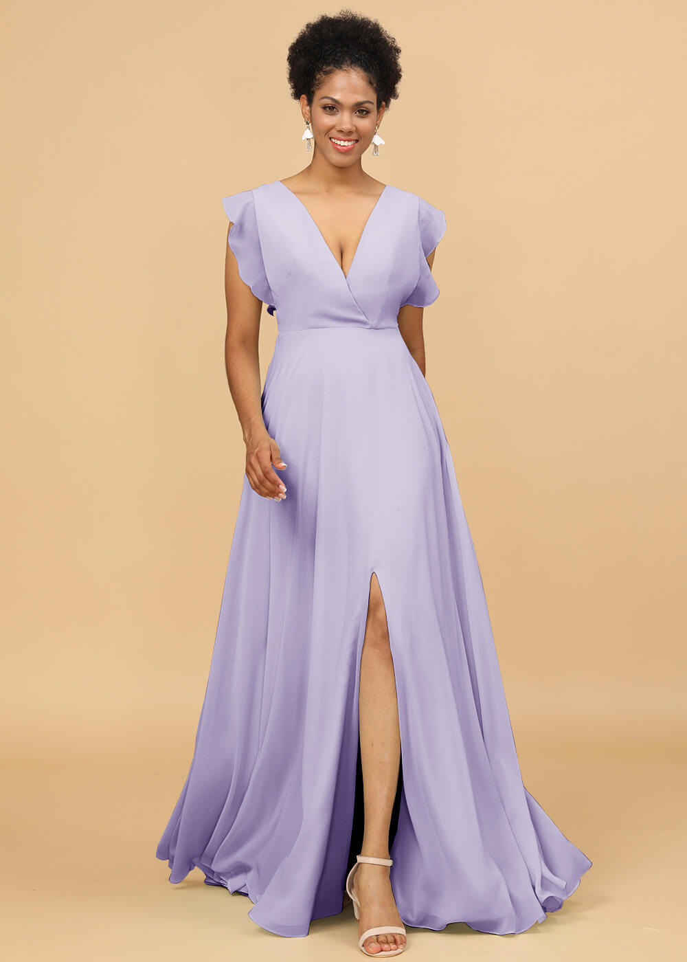 V-neck Ruffles Cap Sleeve Chiffon Bridesmaid Dress