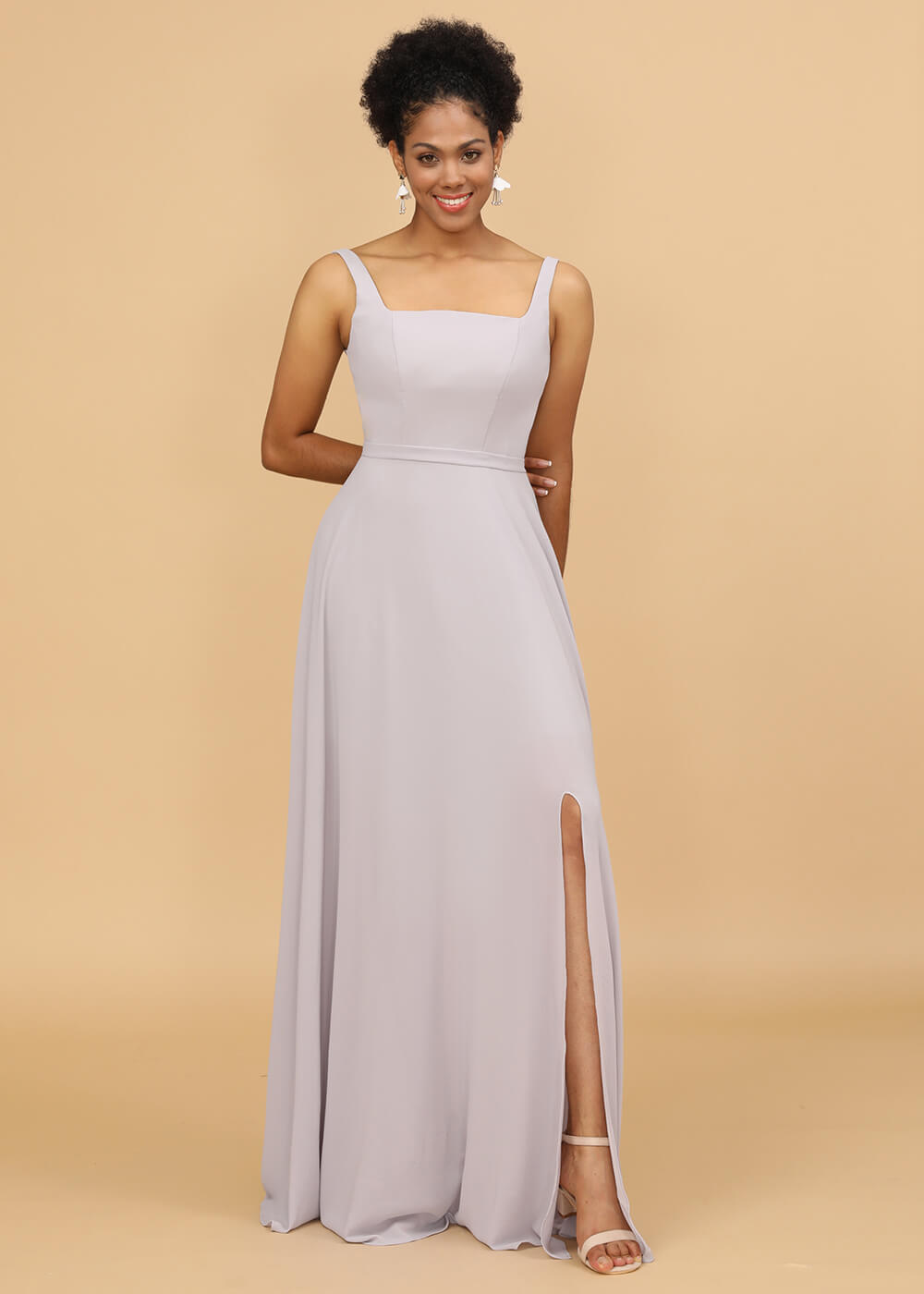 Square Neck Scoop Back A-line Chiffon Bridesmaid Dress with Slit
