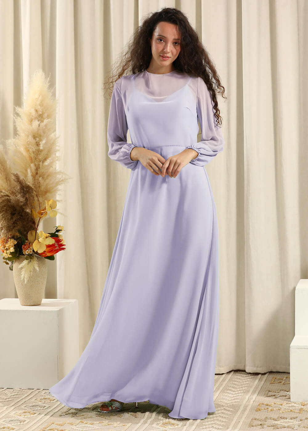 Long Sleeve A-line Chiffon Keyhole Back Bridesmaid Dress
