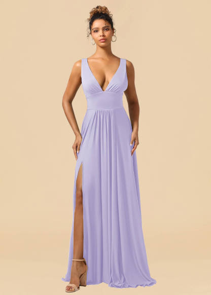 Deep V-neck Spandex A-line Maxi Bridesmaid Dress with Slit