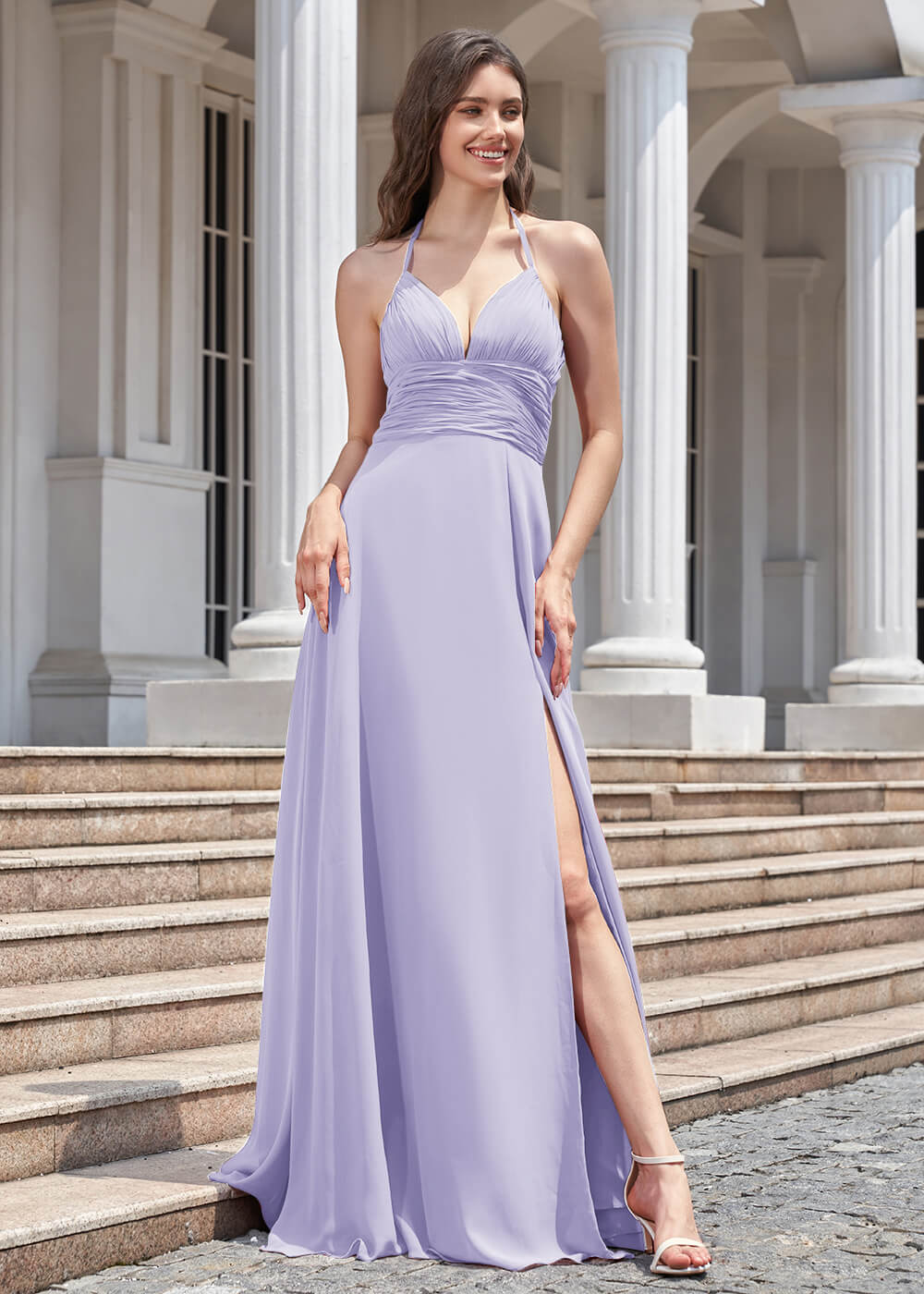 Deep V Halter Neck Pleated A-line Chiffon Long Bridesmaid Dress