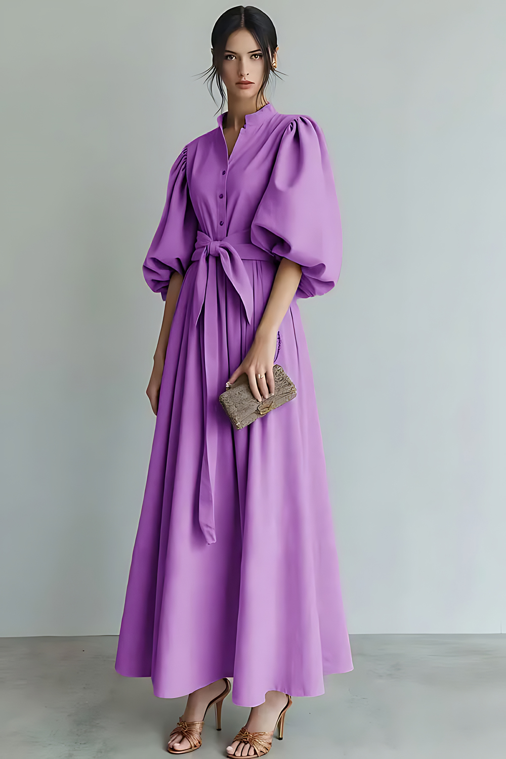 Ivory Puff Sleeves A Line Maxi Formal Dress with Sash