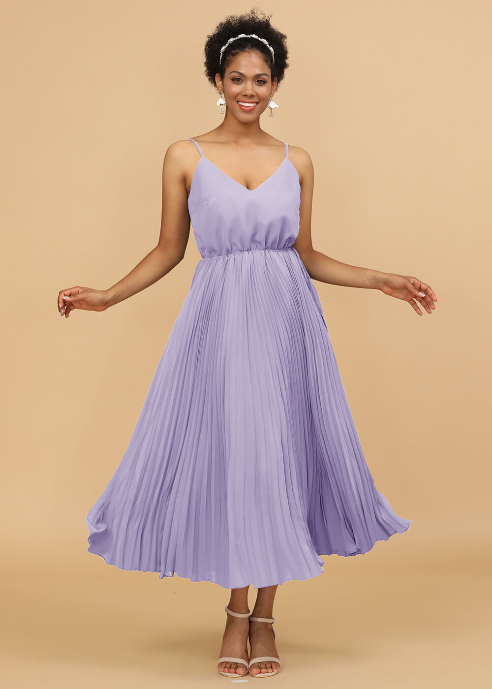 V-neck Spaghetti Strap Tea Length Bridesmaid Dress