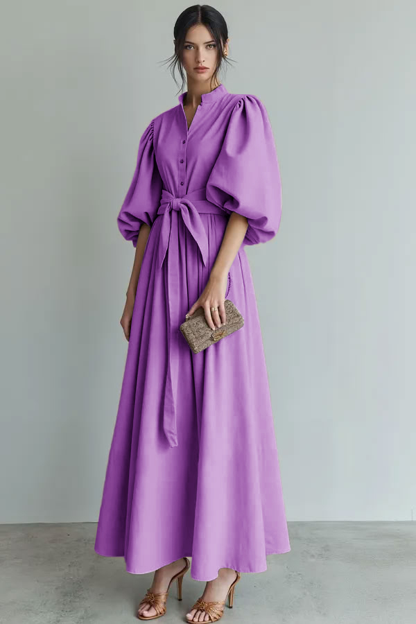 Ivory Puff Sleeves A Line Maxi Formal Dress with Sash