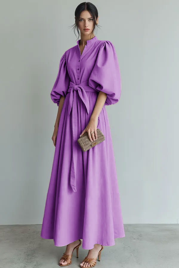 Ivory Puff Sleeves A Line Maxi Formal Dress with Sash