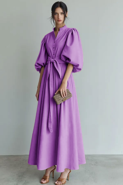 Ivory Puff Sleeves A Line Maxi Formal Dress with Sash