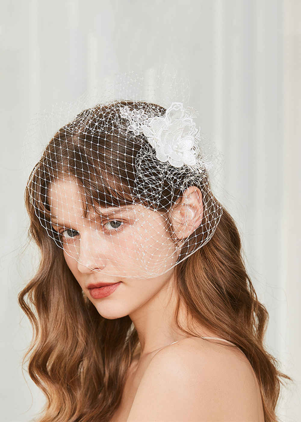 White Birdcage Bridal Veil with Lace Clip