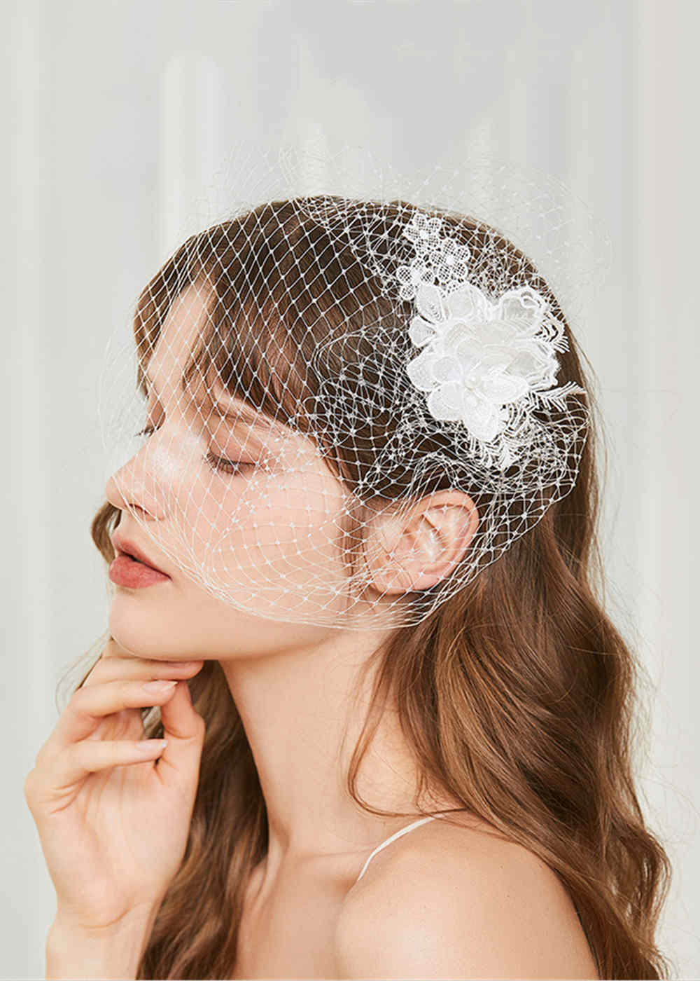White Birdcage Bridal Veil with Lace Clip