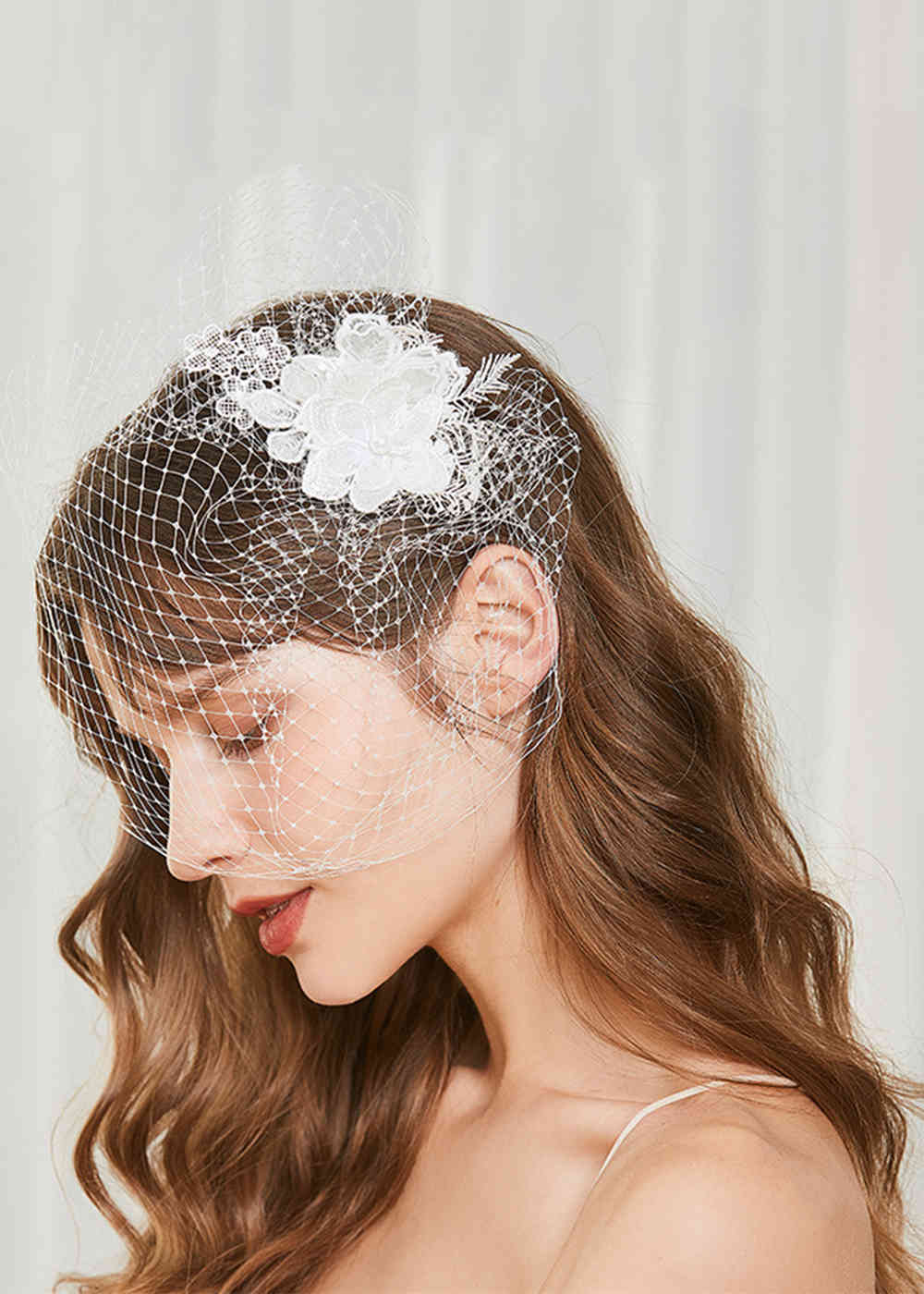 White Birdcage Bridal Veil with Lace Clip
