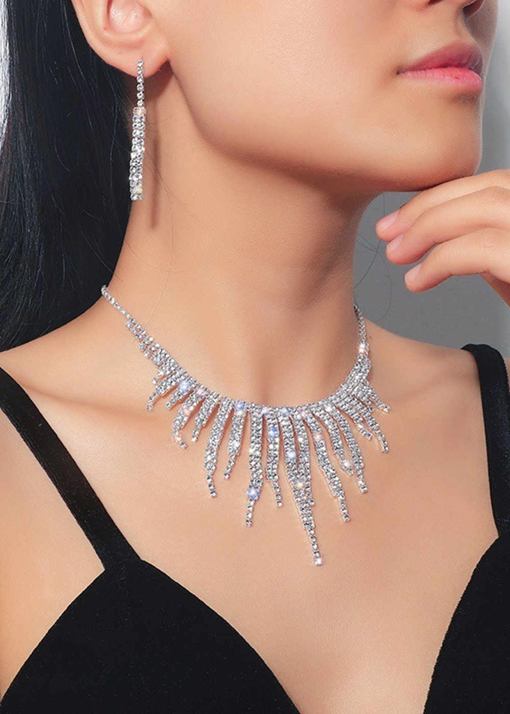 Crystal Tassel Necklace and Ring Set for Wedding
