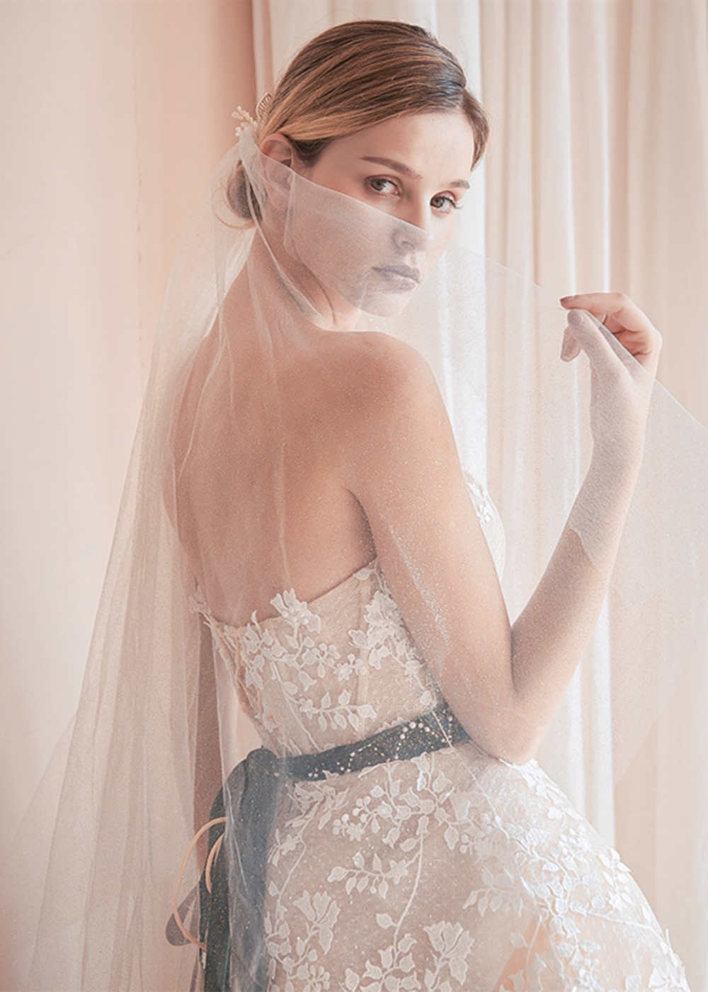Two-Tier Glitter Tulle Fingertip Bridal Veil with Comb