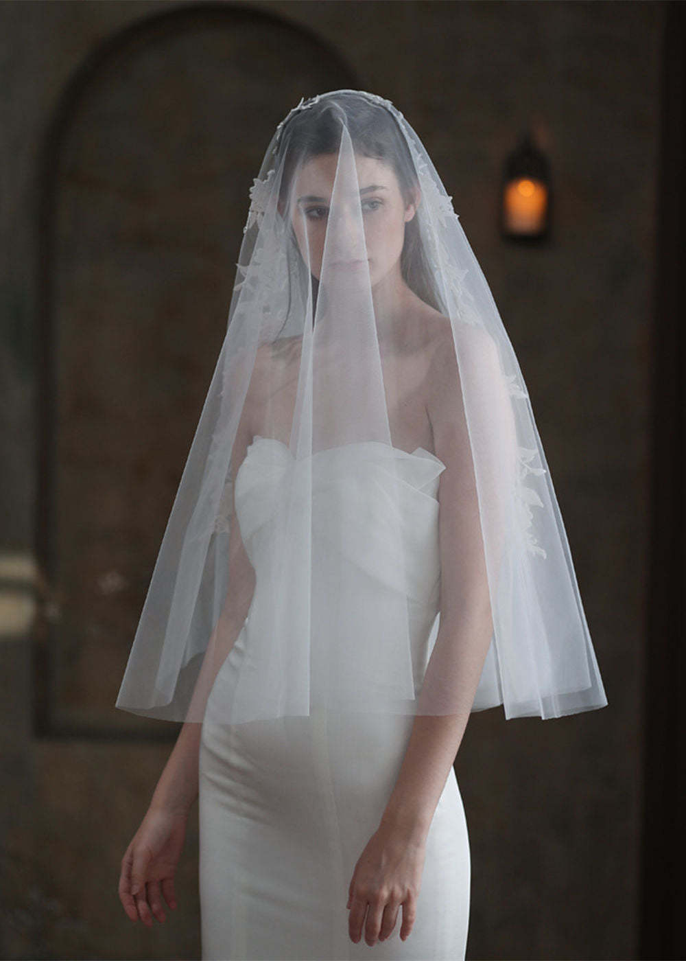 Two-tier Lace Applique Tulle Hip Length Bridal Veils