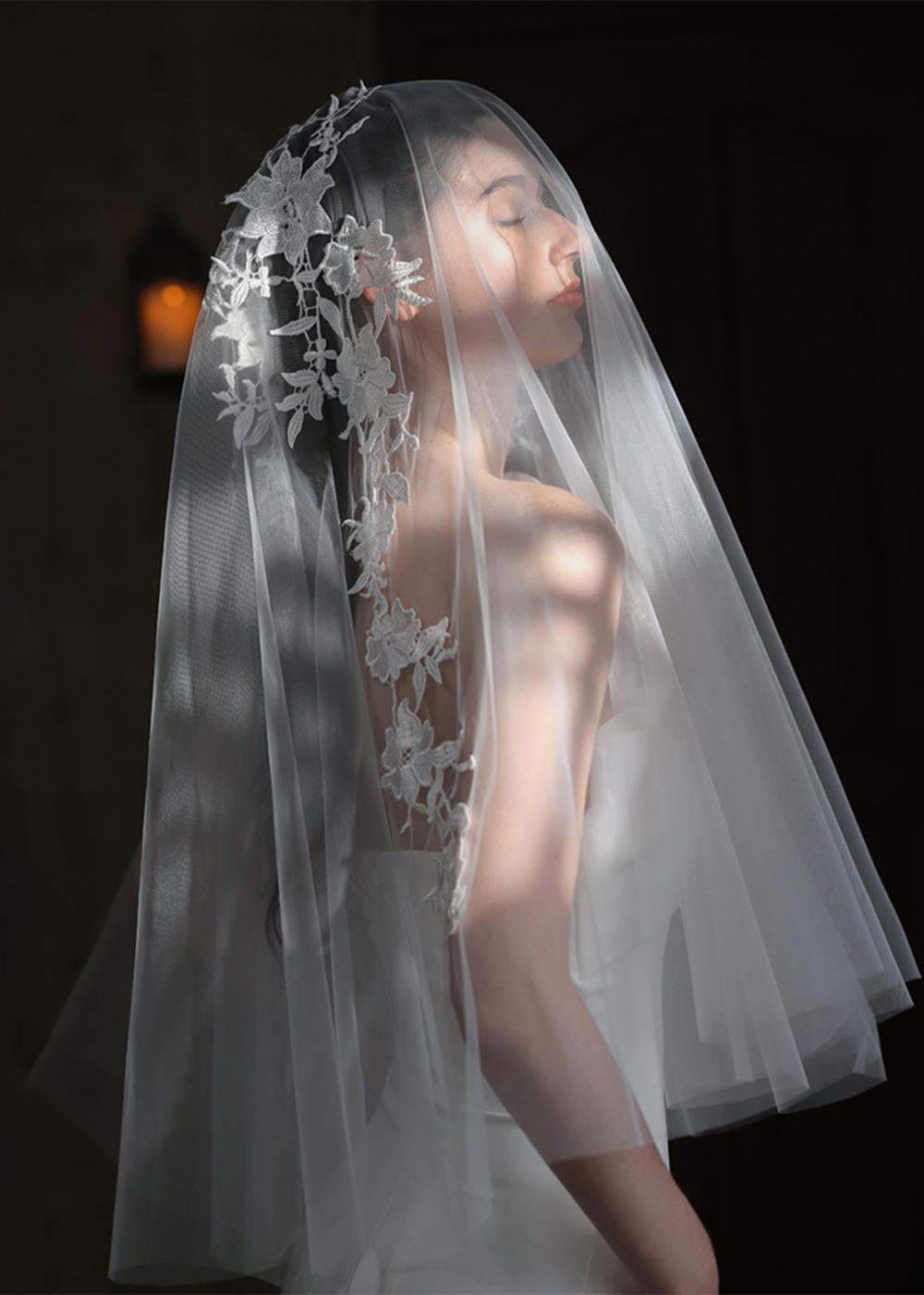 Two-tier Lace Applique Tulle Hip Length Bridal Veils