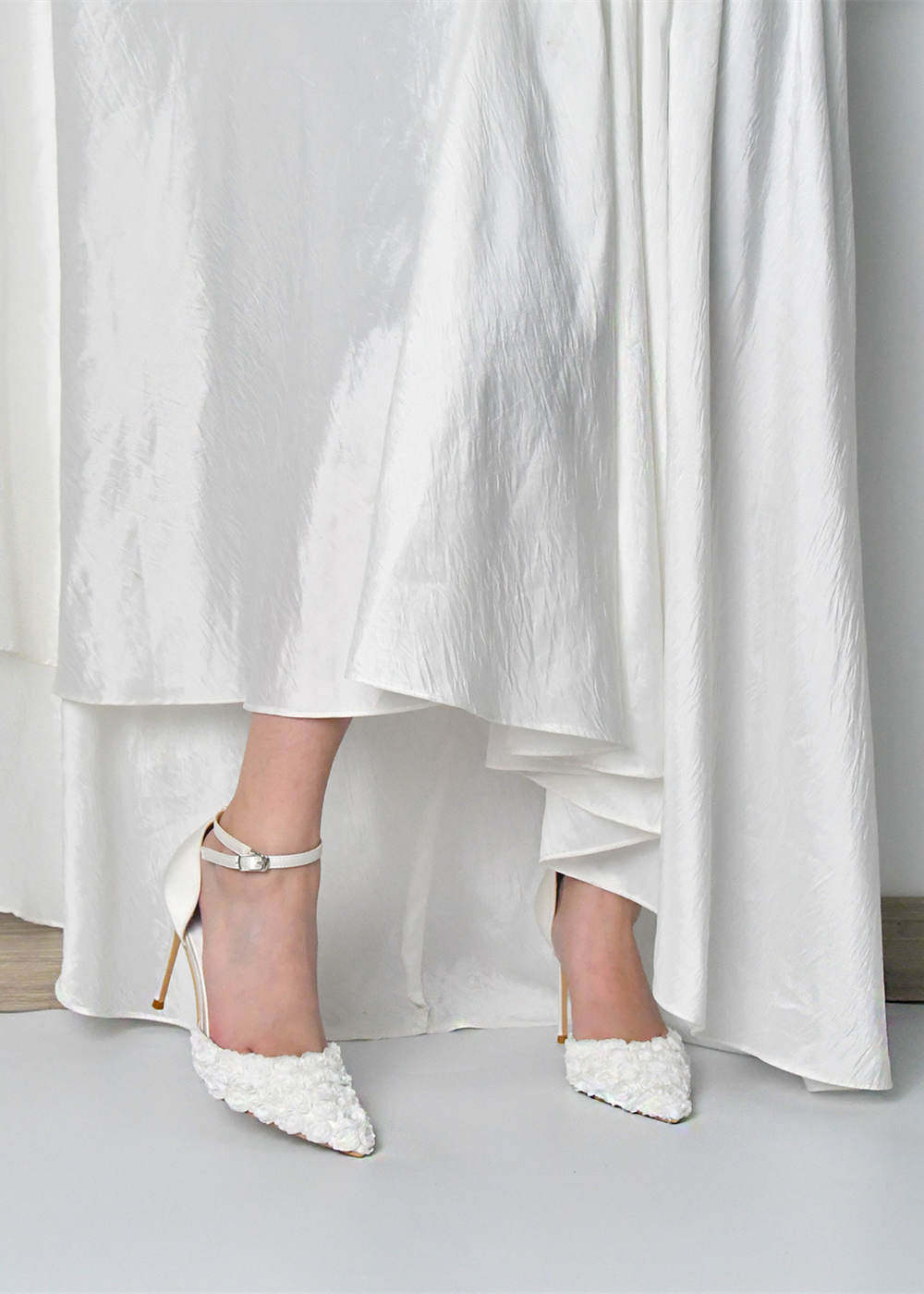 White Ankle Strap Appliqued Satin Pumps Wedding Shoes