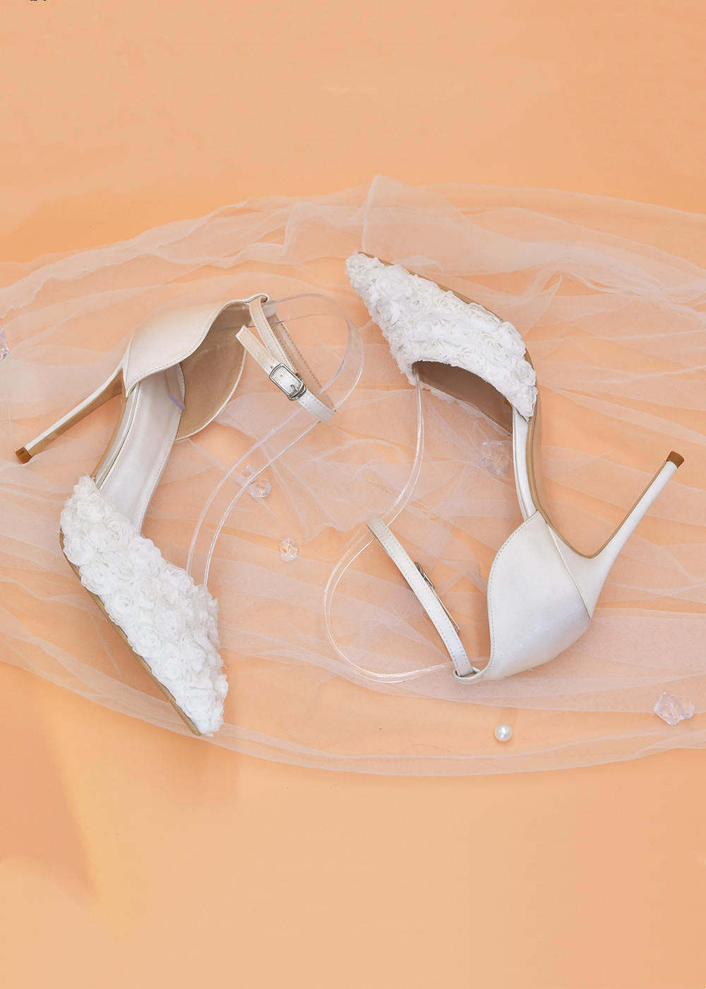 White Ankle Strap Appliqued Satin Pumps Wedding Shoes
