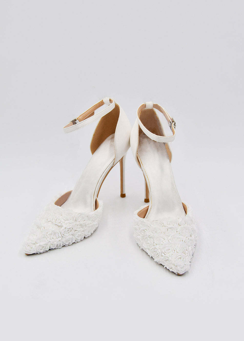 White Ankle Strap Appliqued Satin Pumps Wedding Shoes