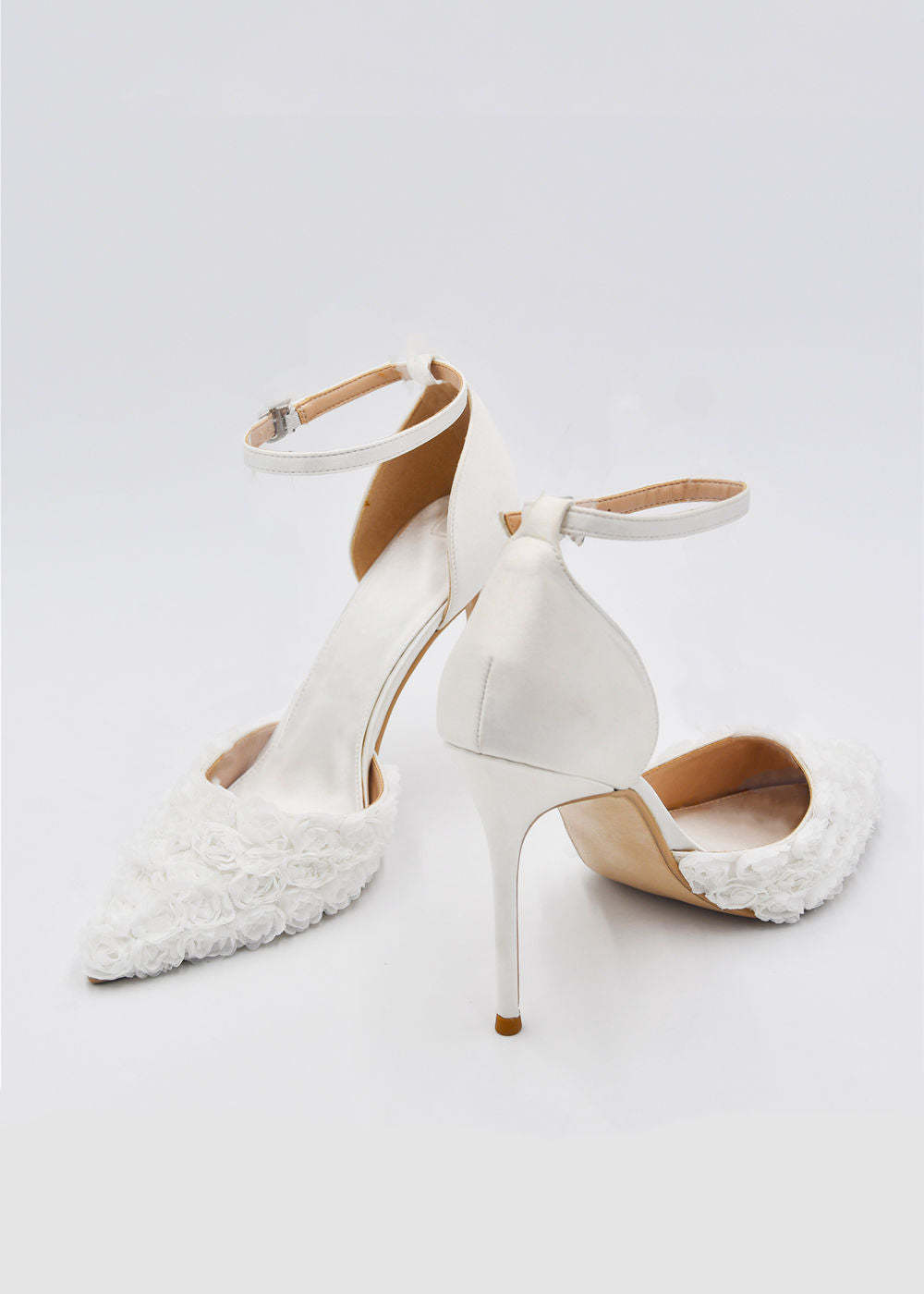 White Ankle Strap Appliqued Satin Pumps Wedding Shoes