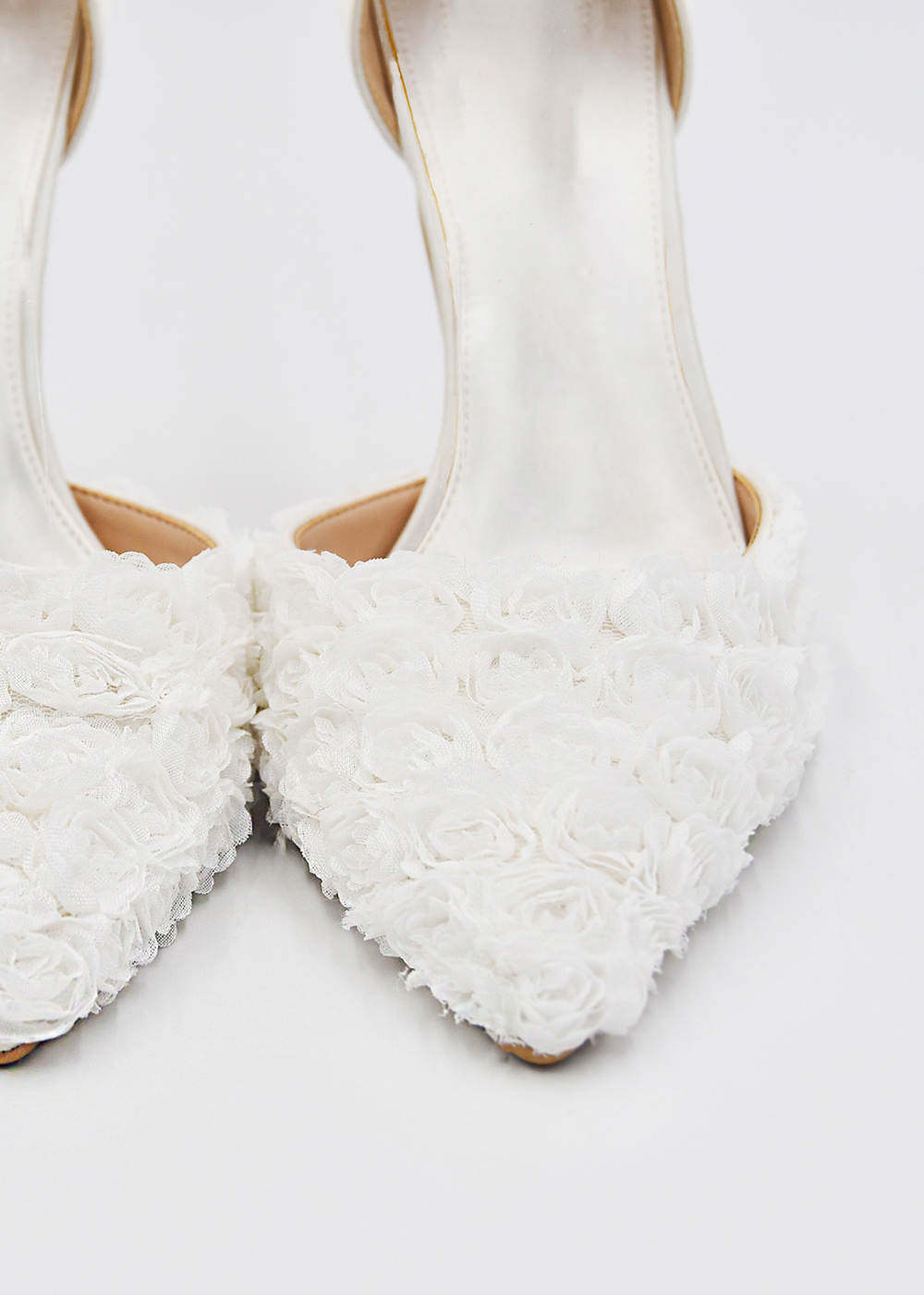 White Ankle Strap Appliqued Satin Pumps Wedding Shoes