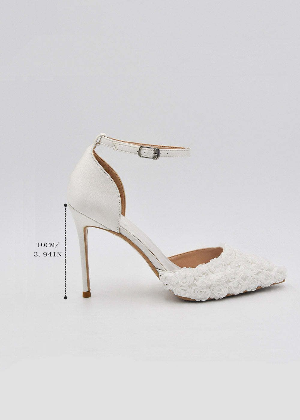 White Ankle Strap Appliqued Satin Pumps Wedding Shoes